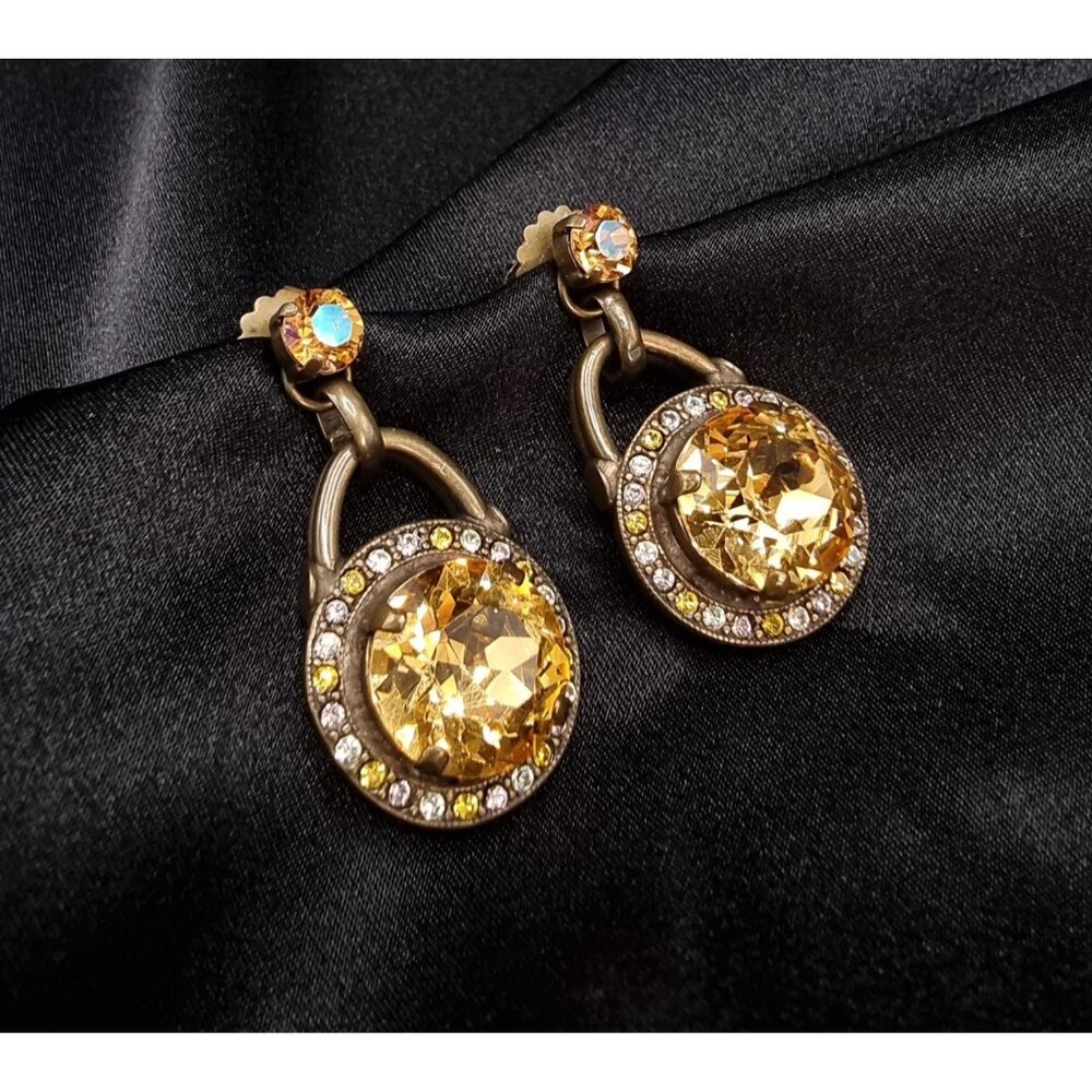 Rare Find Sparkling SORRELLI Signed Brass-Tone Swarovski Crystal Dangle Earrings
